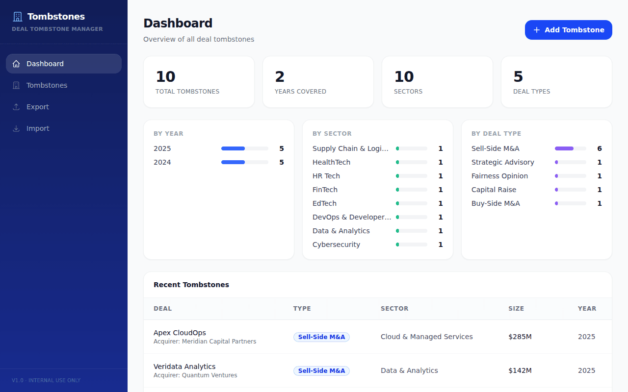 Tombstone Manager — Professional deal documentation, systematized