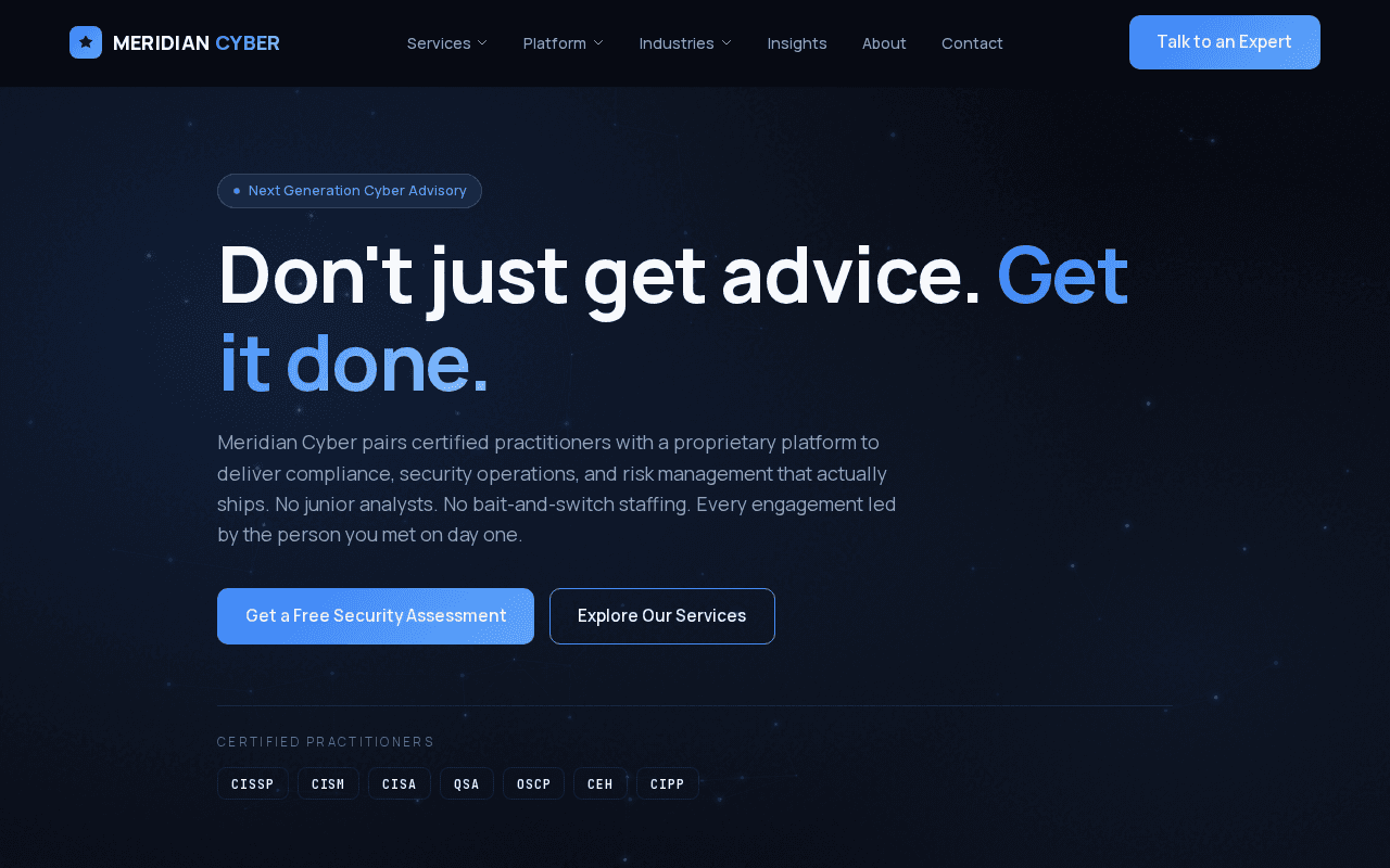 Meridian Cyber — Senior-led cyber advisory with a proprietary compliance platform